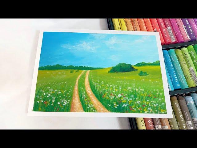 [ENG] Painting a Flower Garden Landscape with Oil Paste l오일파스텔 꽃밭 풍경화  | 오일파스텔 초보 쉬운 설명