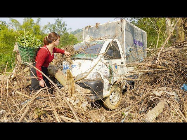 The girl find used old car that was abandoned a long time. Repair and restoration used car