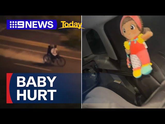 Baby injured after e-bike riders spray fire extinguisher into car | 9 News Australia