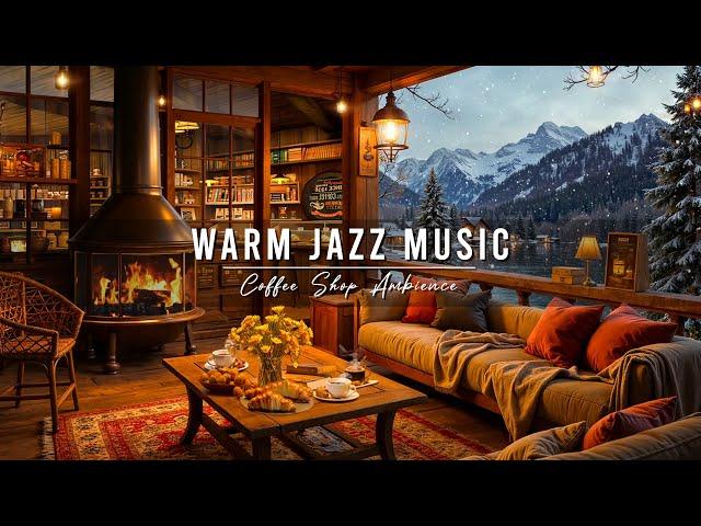 Crackling Fireplace & Smooth Jazz Instrumental  Warm Jazz Music at Cozy Winter Coffee Shop Ambience