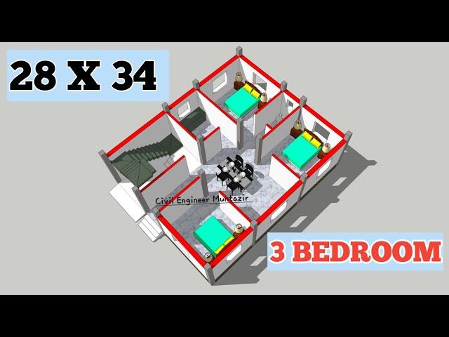 28x34 House plan || 3 BHK house plan || Floor plan design || 3d house plan || Ghar ka Naksha