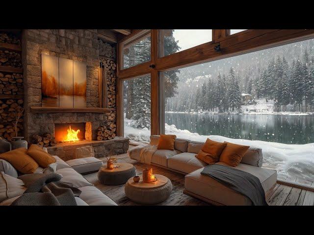 Soothing Jazz Music in A Cozy Living Room Space ️ Snowy Scene and Fireplace Sound for Relaxation