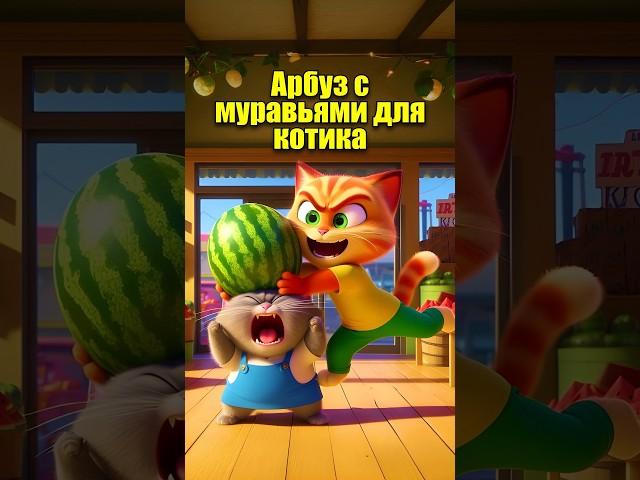 Арбуз с муравьями для котика #мультик #cats #dalle3 #кот #юмор #cartoon #aiart #aicat #нейросеть #ии
