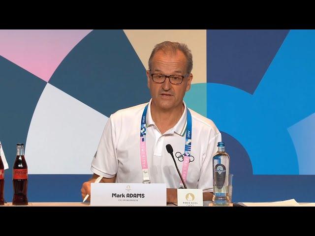 IOC spokesperson Mark Adams reads the IOC statement on the women's boxing tournament at Paris 2024