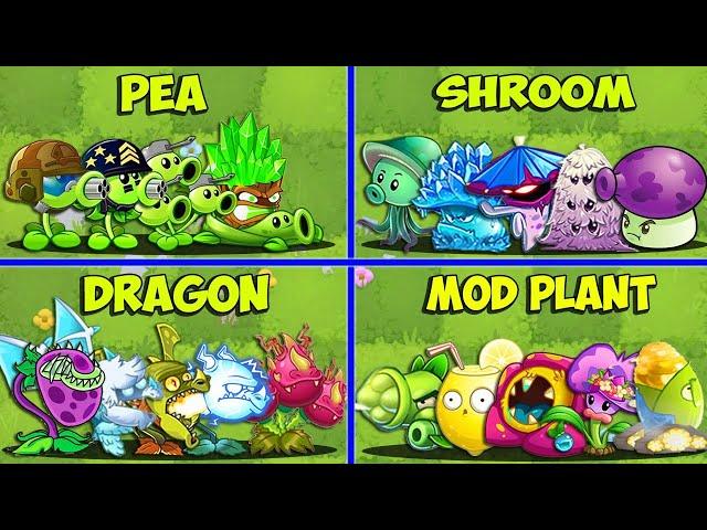 4 Team PEA x SHROOM x DRAGON x MOD PLANT - Who Will Win? - PvZ 2 Team Plant vs Team Plant