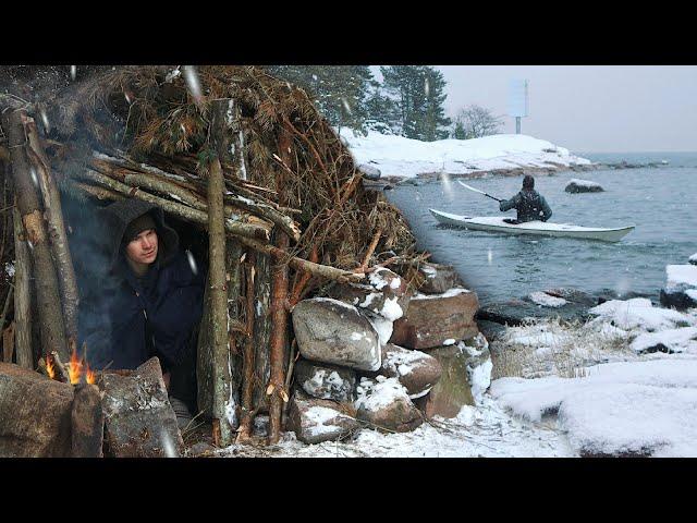 Out to the Frozen Sea! 3 Day WINTER Camping Alone - Island Bushcraft Shelter