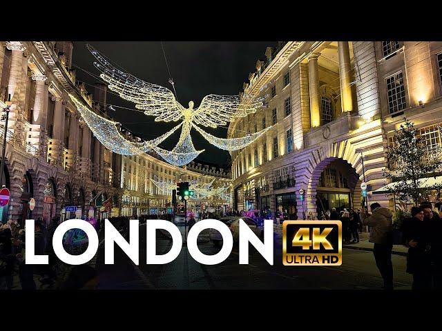  London, UK: Christmas Lights, Oxford Street & Regent Street – Evening Walk | 4K HDR