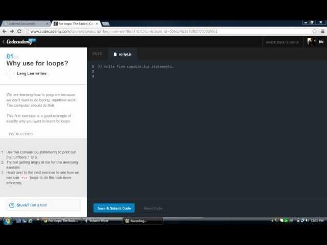 Codecademy: Javascript Lessons- 13- For Loops the basics