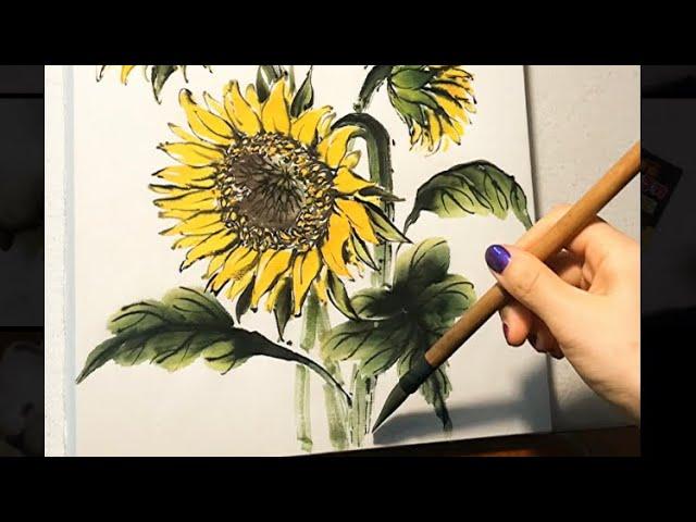 [밥아가씨  Minspace Art] 돈 불러오는 그림, 해바라기 수묵담채화 그리기 Sunflower painting