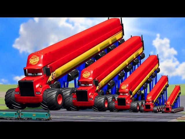 Big & Small, Long & Tall Mack Truck with Monster Truck Wheels vs Trains | BeamNG.Drive