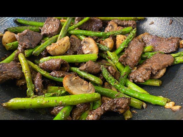 Casual night making Steak Asparagus Mushroom Stir Fry for Dinner