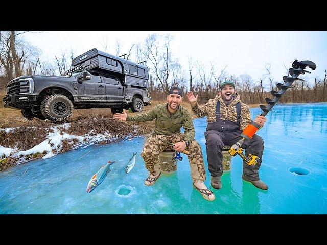 Backyard ICE Fishing With FLAIR!! (Truck Camper Catch & Cook)