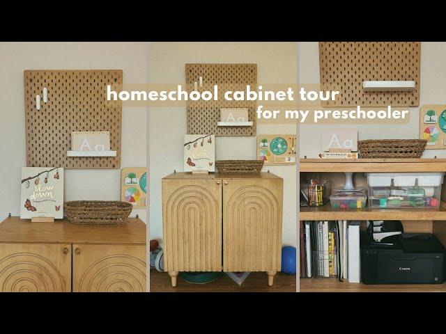 my homeschool cabinet for my preschooler | favorite supplies, curriculum, organization