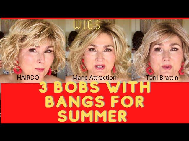 3 Summer curly bobbed budget synthetic wigs with BANGS! Hairdo , Toni Brattin, Mane Attraction.