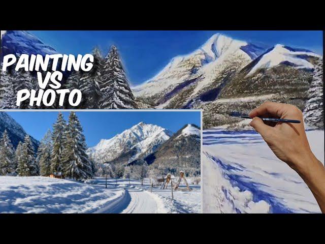 How To Paint a Realistic winter Road and Mountain Landscape Time Lapse|Winter Scene Tutorials |EPS48