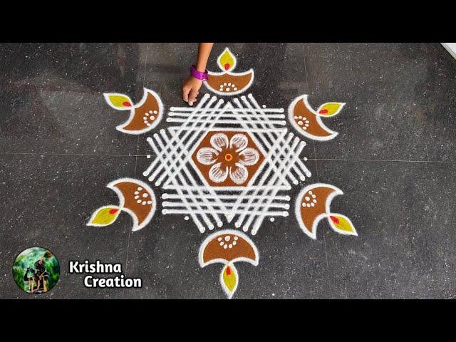 Diwali Special Deepam Padi Kolam Design with 5x3 dotBeautiful Rangoli KolamEasy Rangoli Muggulu