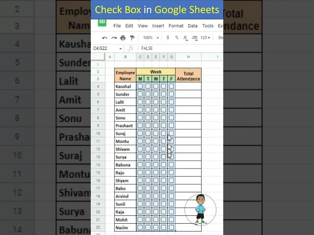 Attendance Sheet in Google Sheets Check Box #googlesheets #exceltutorial #excel #exceltips #shorts