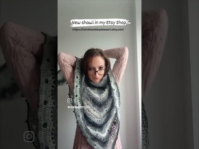 Crochet wool shawl in grey and black colors, a soft and cozy scarf to wear in these cold days