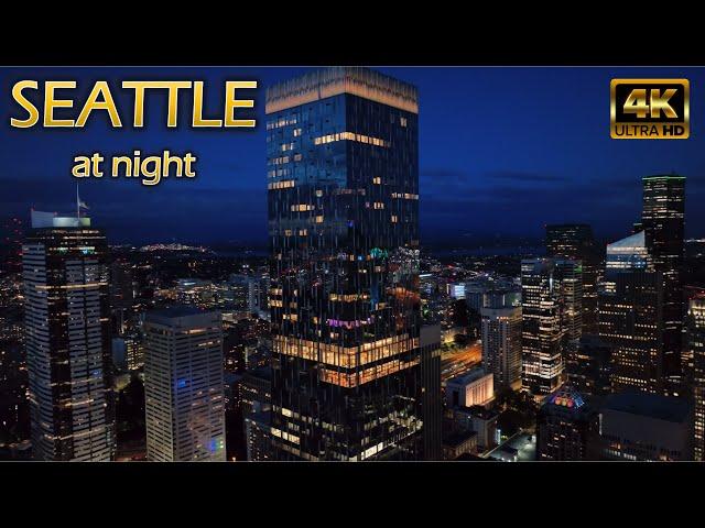 Flying Over Night Seattle [4K] July 2022 - Drone Video