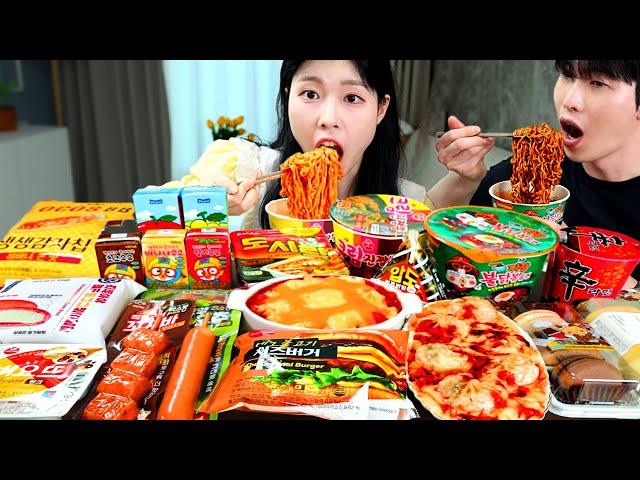 ASMR MUKBANG| Convenience store! Fire Black bean Noodles, Cheese Tteokbokki, Sausage, Desserts.