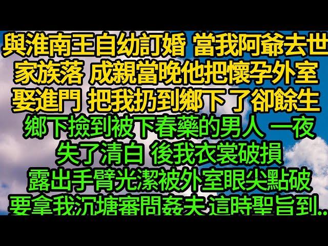 與淮南王自幼訂婚 當我阿爺去世家族落敗，成親當晚他把懷孕外室娶進門 把我扔到鄉下了卻餘生，鄉下撿到被下春藥的男人 一夜失了清白，後我手臂光潔被外室眼尖點破 要沉塘審問我姦夫，這時聖旨到...