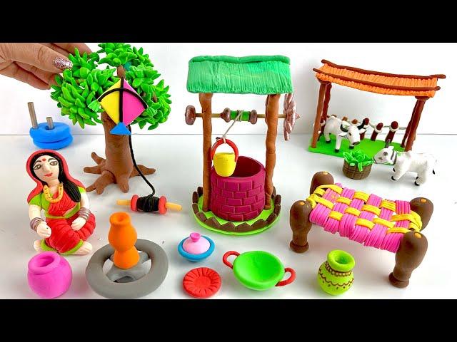 DIY How to make polymer clay miniature house, kitchen set, water well, Doll, Cow Shed | Dolliyon