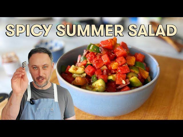 Spicy, Refreshing, Sweet & Salty Summer Salad with Watermelon, Tomato, Cucumber and Chili Crisp