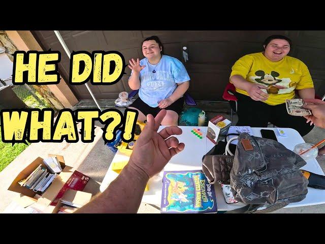 We figured out his sneaky plan at this yard sale...