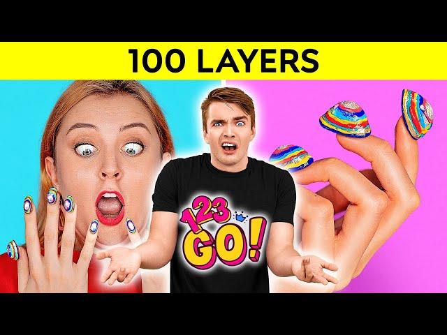 VIRAL 100 LAYERS CHALLENGE *GONE WRONG* || 1000 Coats of Makeup and Eyelashes! 123GO! vs 4HYPE