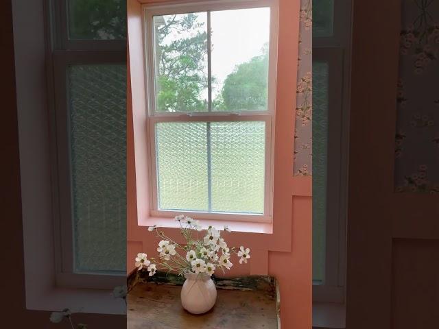 Pink and Green Bathroom in my Craft Studio. Pink Flower Tile. Floral Wallpaper.