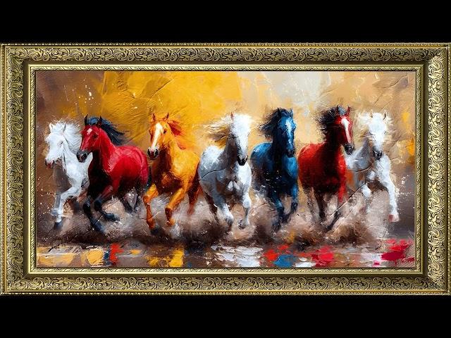 the art corner tv wallpaper  a vibrant oil painting featuring six horses in a dynamic pose,