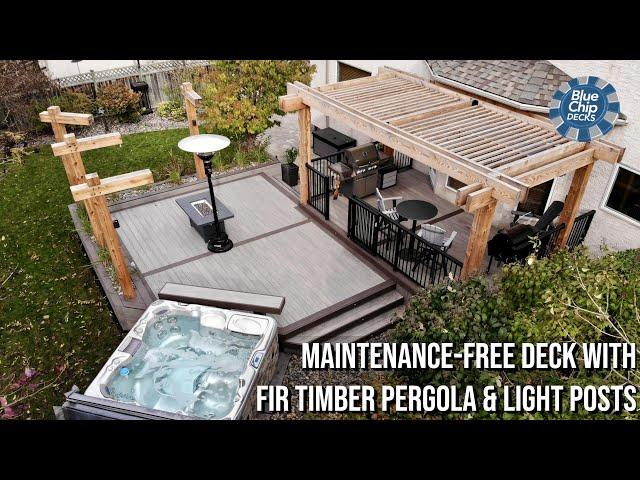 Two-Tier Maintenance-Free Deck w Fir Timber Pergola & Light Posts
