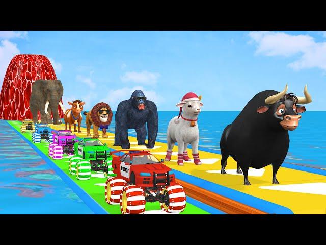 Paint & Animals Cow,Gorilla,Elephant,Lion,Tiger,Dinosaur, Fountain Crossing Transformation Cartoon