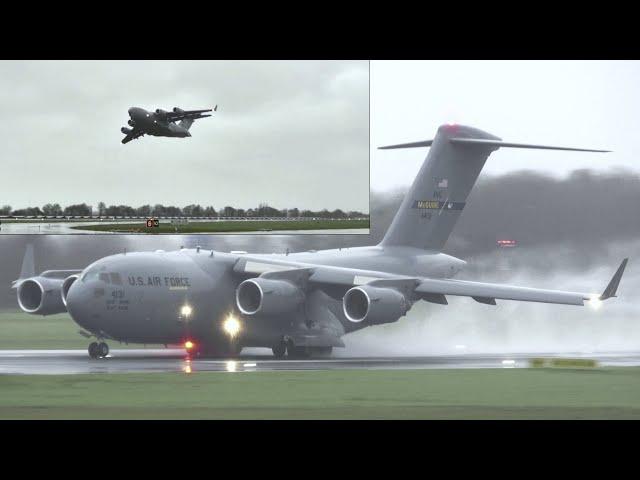 USAF Boeing C-17 Globemaster Wet Take Off With Wingwave |  Rotterdam Airport