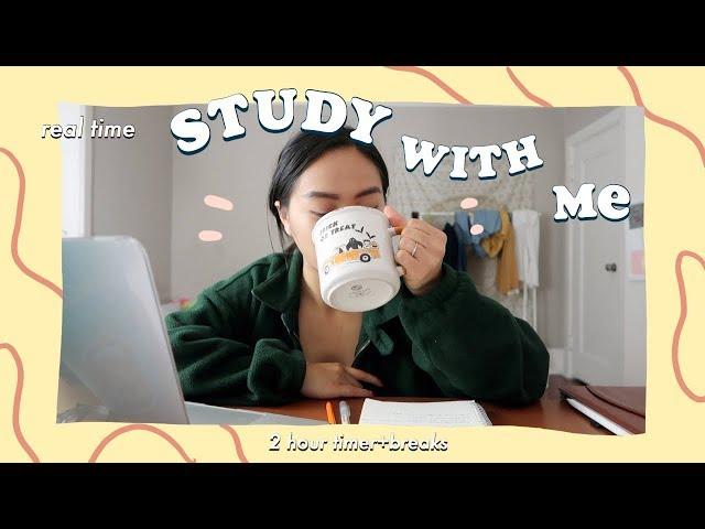 REAL TIME study with me (no music): 2 hour pomodoro session with breaks (background noise)