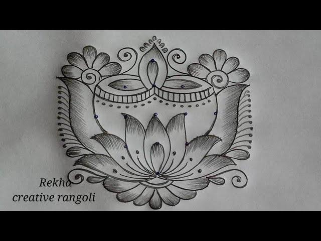 beautiful Lotus rangoli (5*1) | deepam with flower rangoli | simple kolangal@rekhacreativerangoli