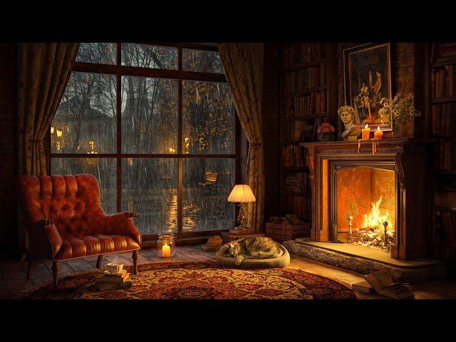 Rainy Autumn Day in Cozy Reading Nook Ambience  Slow Jazz Music & Relaxing Rain 4K