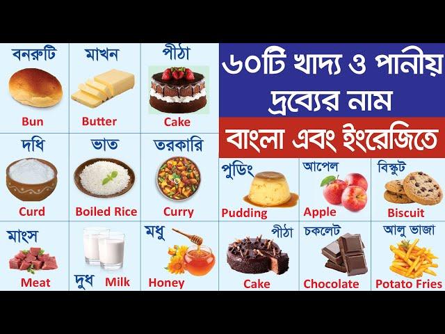 ৬০টি খাদ্য ও পানীয় জিনিসের নাম | Names of Food & Drinks with Bengali & English | খাবার ও পানীয়’র নাম