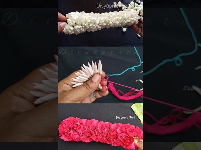 How to string pink jasmine flowers closely in crisscross method/jathimalli/pichipoo #garland #viral