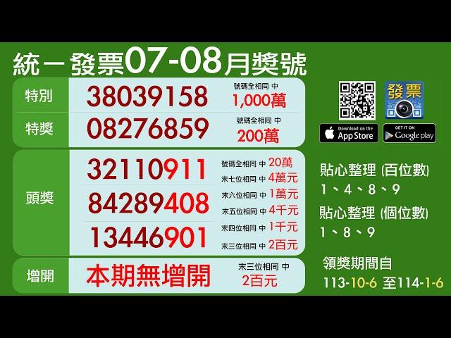 2024年開獎 7 8月統一發票中獎號碼（113年）