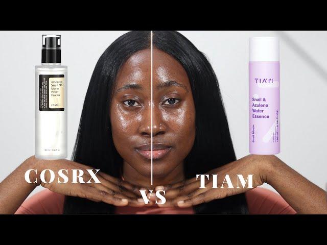 Cosrx Snail Mucin Power Essence vs Tiam Snail and Azulene Water Essence Review on Dark Skin