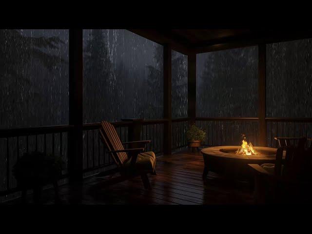 Instant Sleep with Heavy Rain Sounds and Distant Thunder on Cabin Porch in a Forest at Night