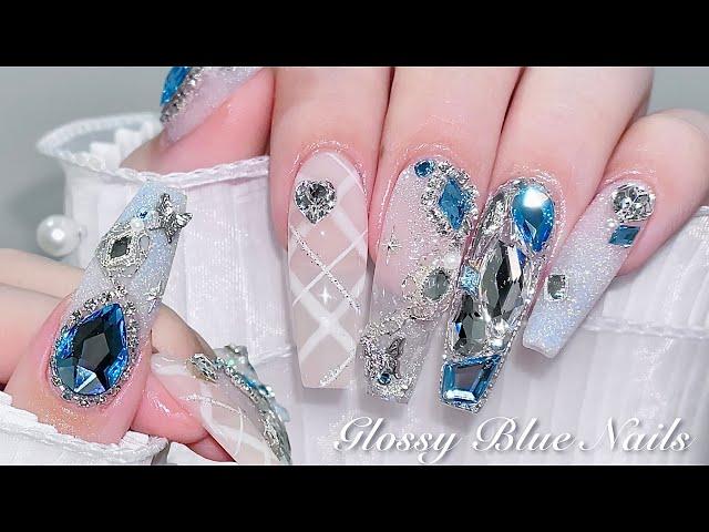 sub) Glossy Blue Nails/Korea Nails / Magnet Nails / Tip Extension / Nail art / Self-nails / ASMR