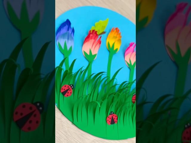 3D tulip garden paper collage | Spring flower paper scenery idea