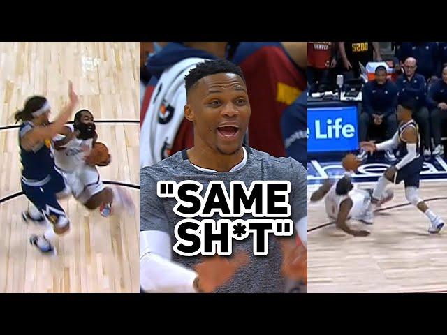 Russell Westbrook sick of James Harden foul baiting so throws him to the floor 