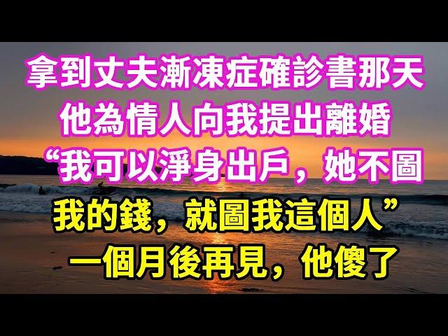 【一口氣看完】拿到丈夫漸凍症確診書那天，他為情人向我提出離婚，“我可以淨身出戶，她不圖我的錢，就圖我這個人”，一個月後再見，他傻了#悠然書影#爽文#大女主#家庭#豪門#一口氣看完