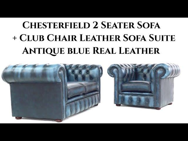 Chesterfield 2 Seater Sofa + Club Chair Leather Sofa Suite Antique blue Real Leather