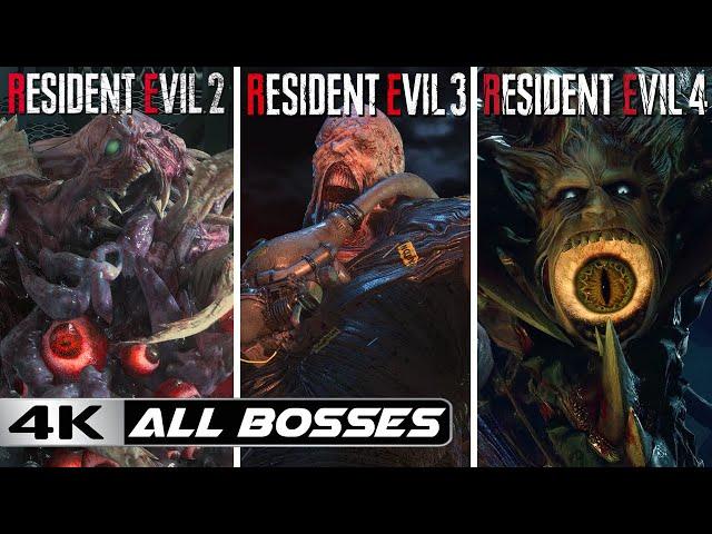 Resident Evil [2-3-4] Remake - All Bosses (Fights\Battles) - No Damage - [4k-60FPS]