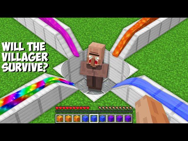 Can VILLAGER SURVIVE the CHALLENGE OF DANGEROUS LIQUIDS in Minecraft ? LAVA VS WATER VS RAINBOW !