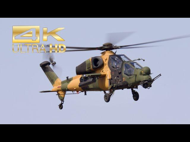 (4K) T-129A TAI Attack Helicopter Turkish Aerospace flying display Farnborough 2022 FAB EGLF FIA22